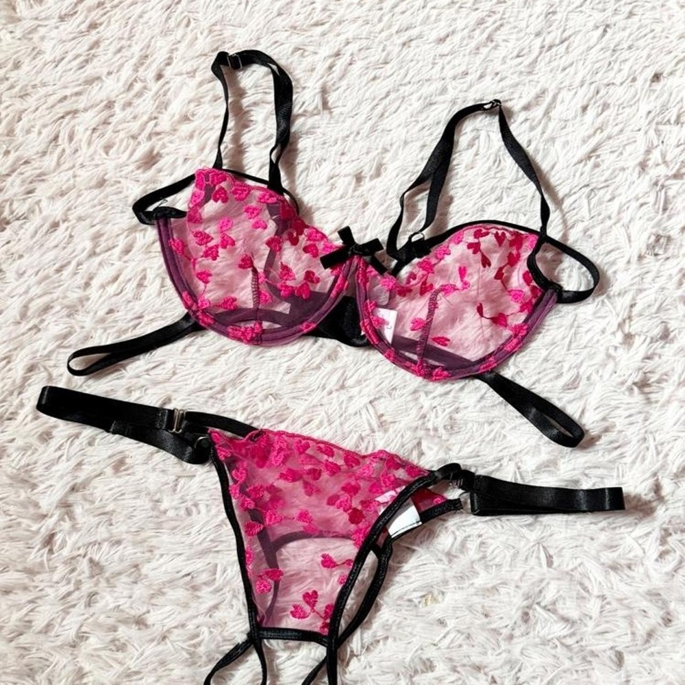 Pink Delicate Valentines Day Heart Sheer Sexy Lingerie Set Womens L Fairy Core